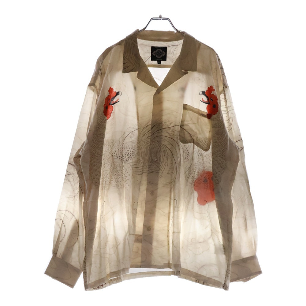 BUDSPOOL(バッズプール) ×GAKKIN ガッキン 軍鶏 HAWAIIAN SHIRT レーヨン ハワイアン ロングスリーブ オープンカラー 長袖シャツ ベージュ