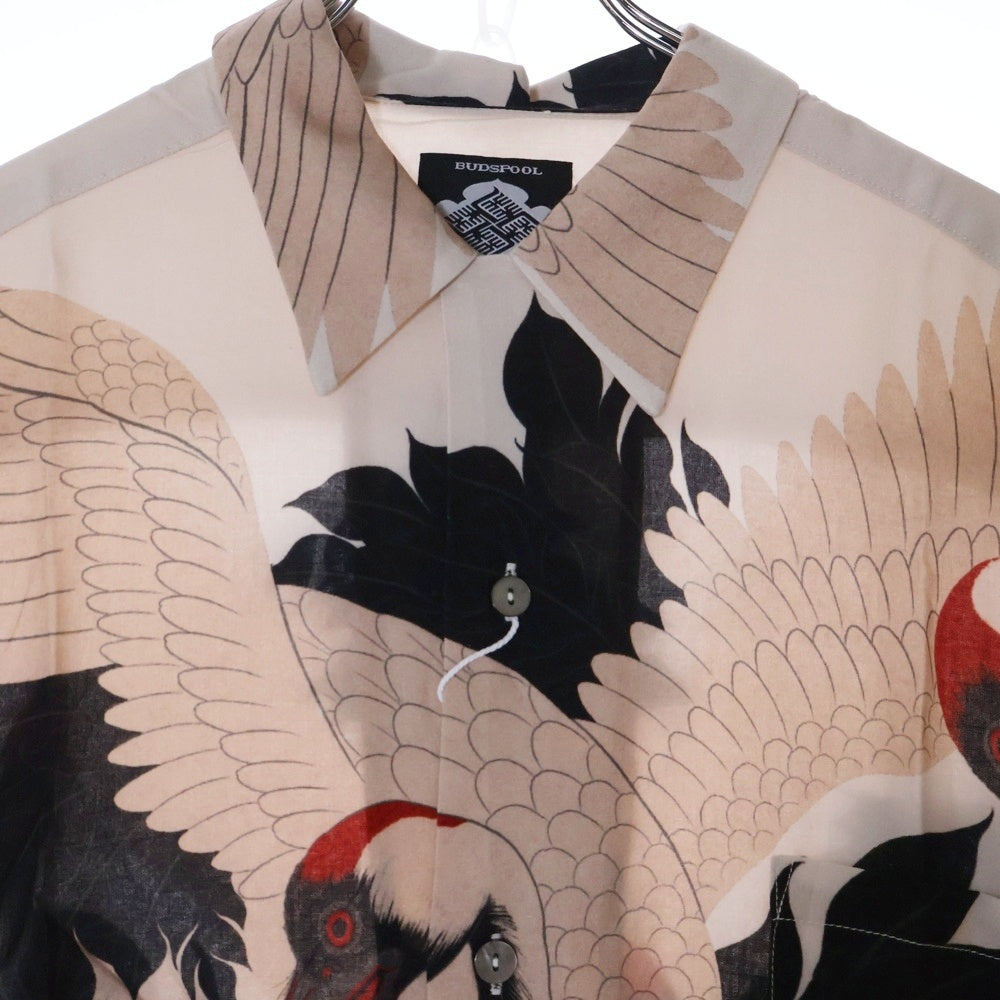 BUDSPOOL(バッズプール) ×GAKKIN ガッキン 赤目鶴 HAWAIIAN SHIRT レーヨン ハワイアン オープンカラー 半袖シャツ サーモンピンク/ブラック