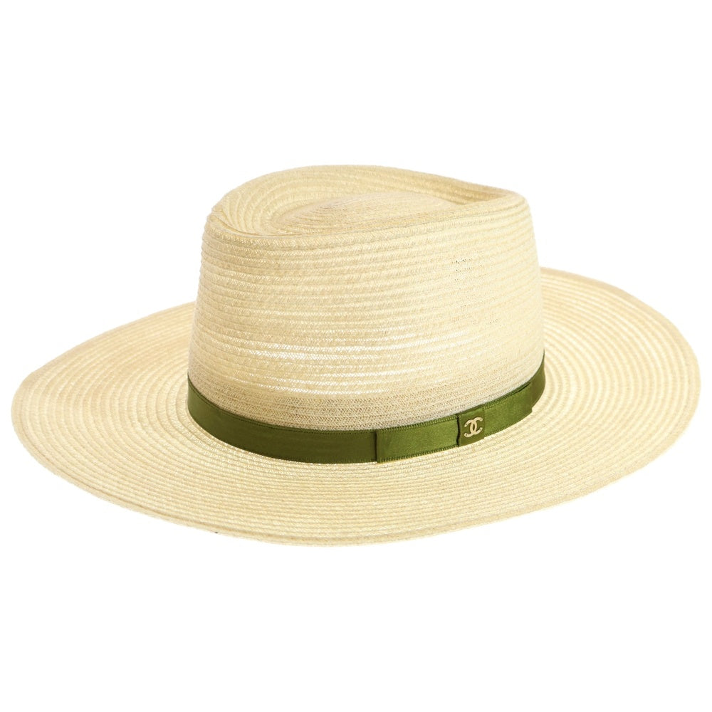 CHANEL(シャネル) ココマークリボン ストローハット 帽子 アイボリー/グリーン レディース