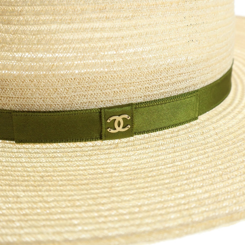 CHANEL(シャネル) ココマークリボン ストローハット 帽子 アイボリー/グリーン レディース