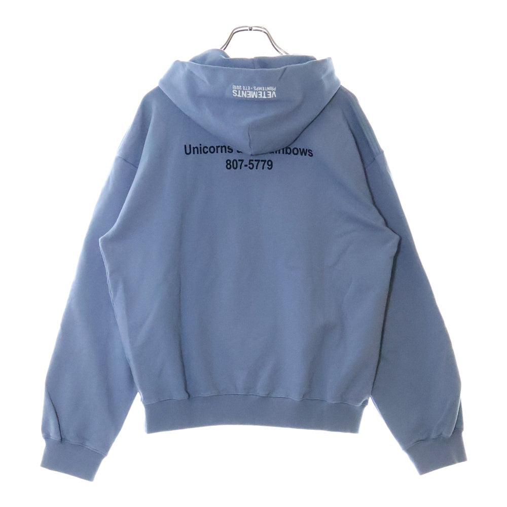VETEMENTS(ヴェトモン) 18SS UNICORN PRINTE OVERSIZED HOODIE ユニコーンプリント オーバーサイズ スウェット プルオーバーパーカー ライトブルー MSS18TR70