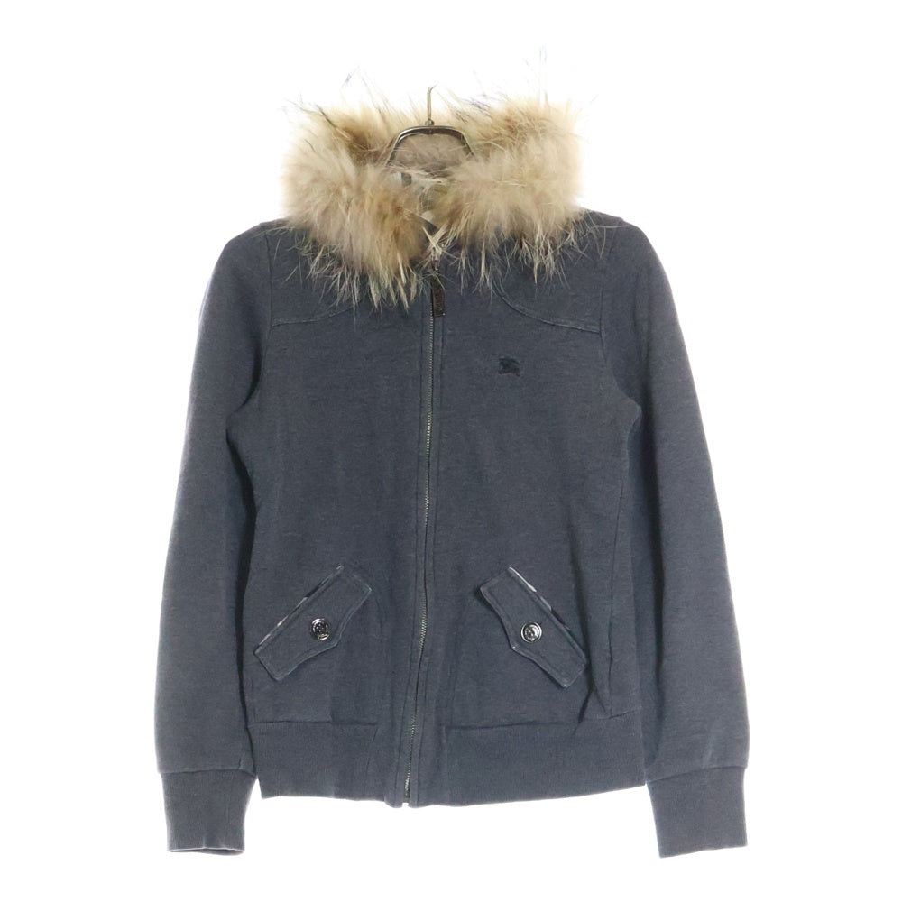 BURBERRY BLUE LABEL(バーバリーブルーレーベル) ラクーンファー ロゴエンブロイダリー ジップアップパーカー スウェット グレー FAF88-619-07