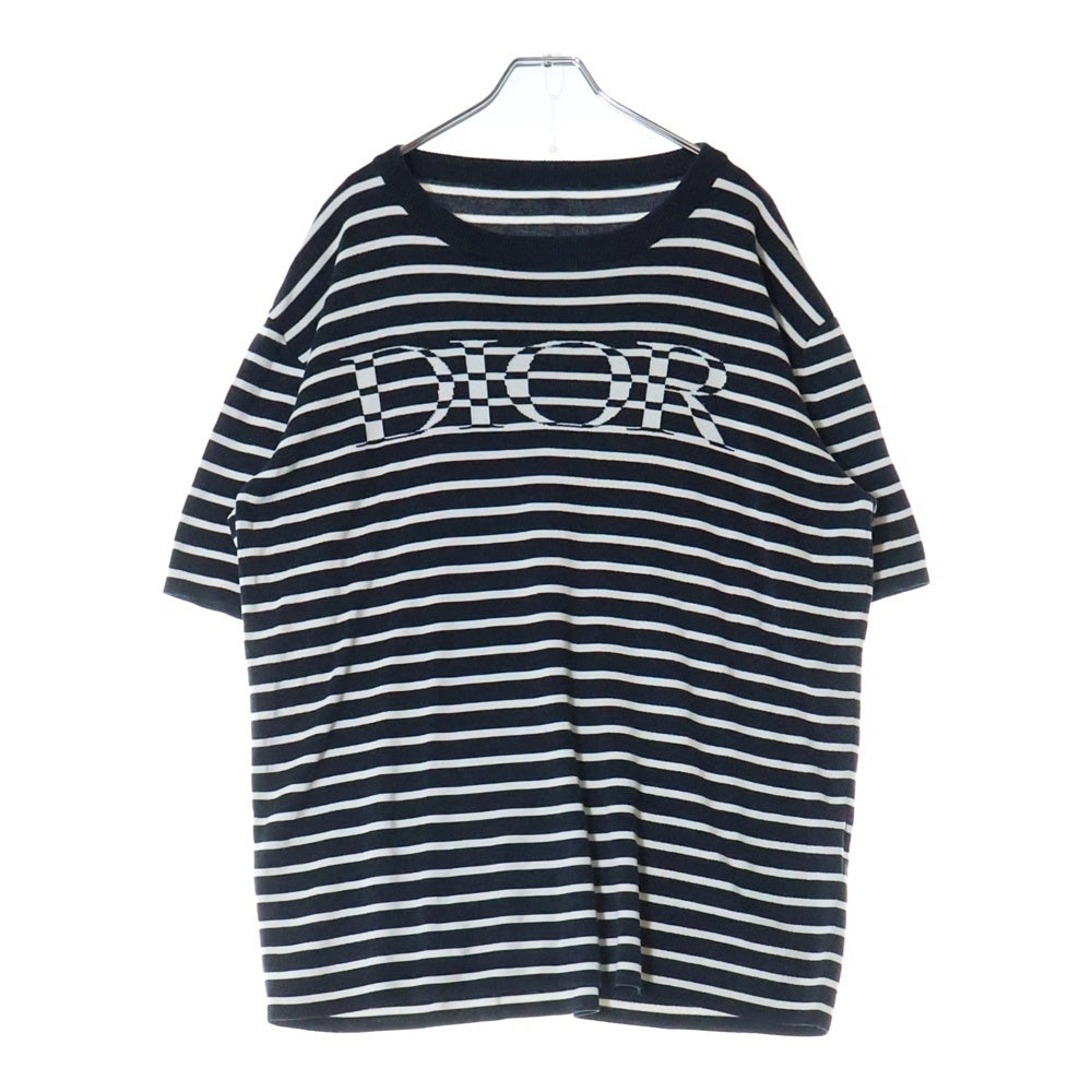 DIOR(ディオール) フロントロゴ ボーダー シルクコットン 半袖ニット セーター ネイビー/ホワイト 183M647AT234