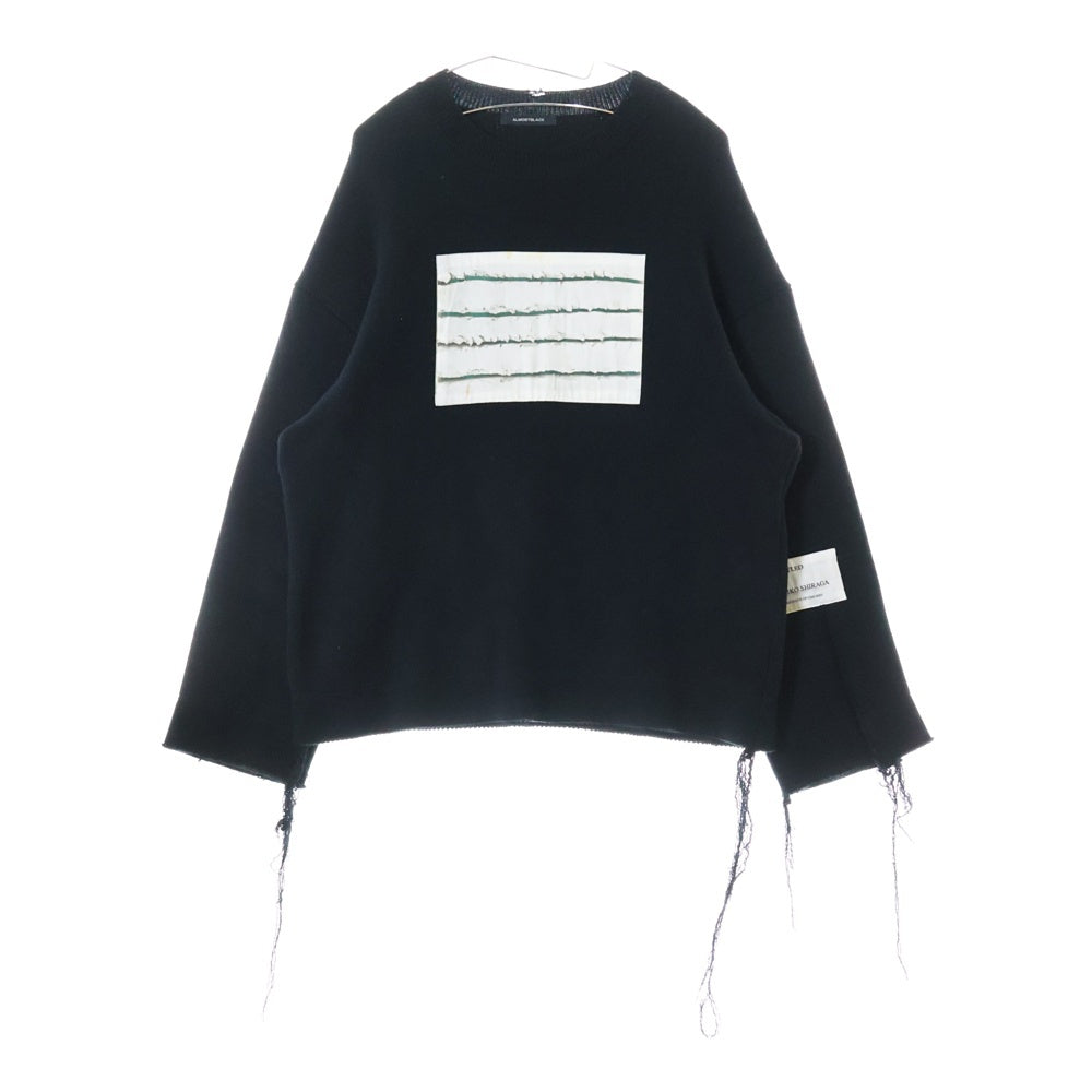 ALMOSTBLACK(オールモストブラック) フロントプリントパッチ ダメージ加工 コットンニット セーター ブラック 22SS-KT02