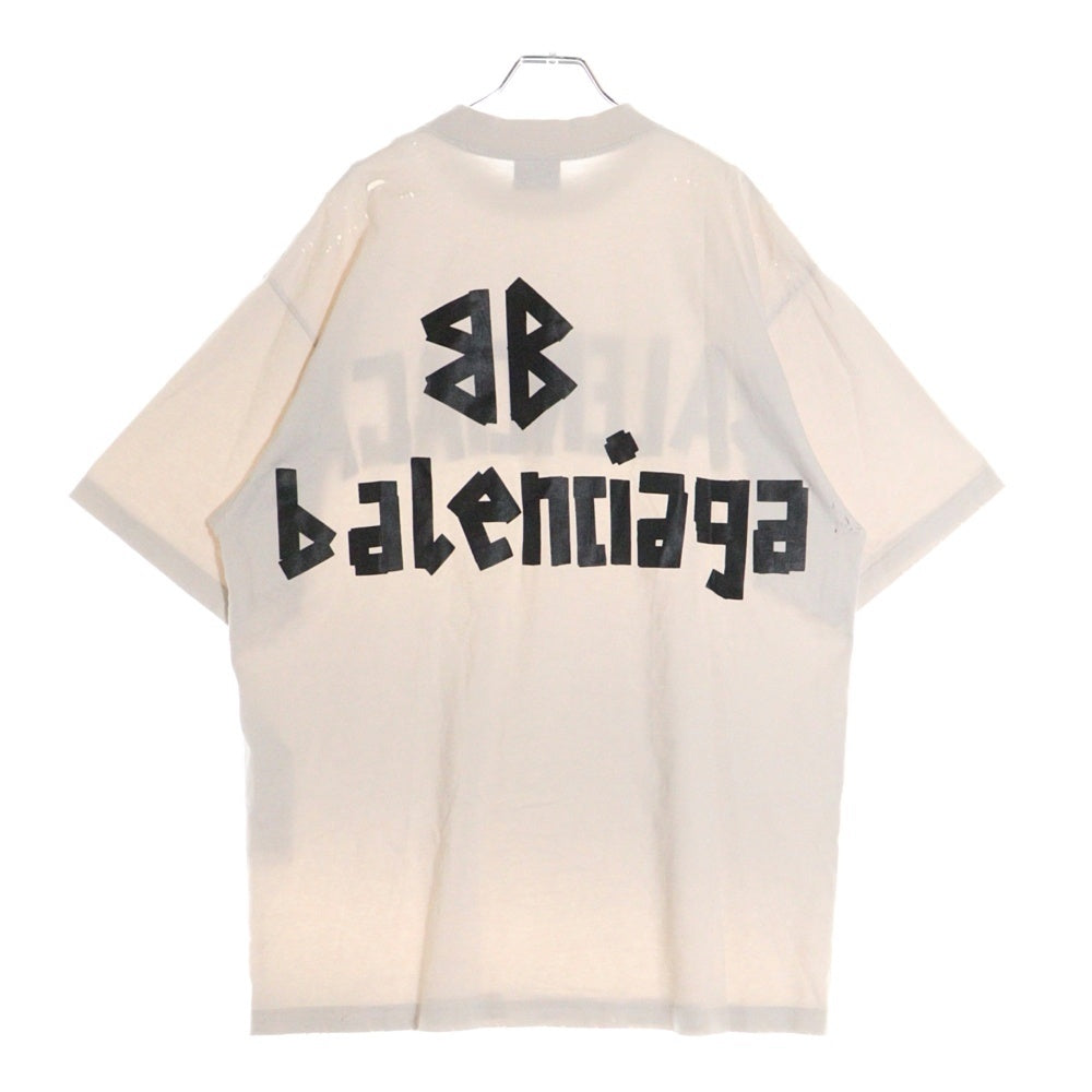 BALENCIAGA(バレンシアガ) 23SS TAPE MEDIUM FIT T-SHIRT ミディアムフィット ダメージ加工 テープロゴ クルーネック 半袖Tシャツ カットソー ホワイト 739784 TQVQ8