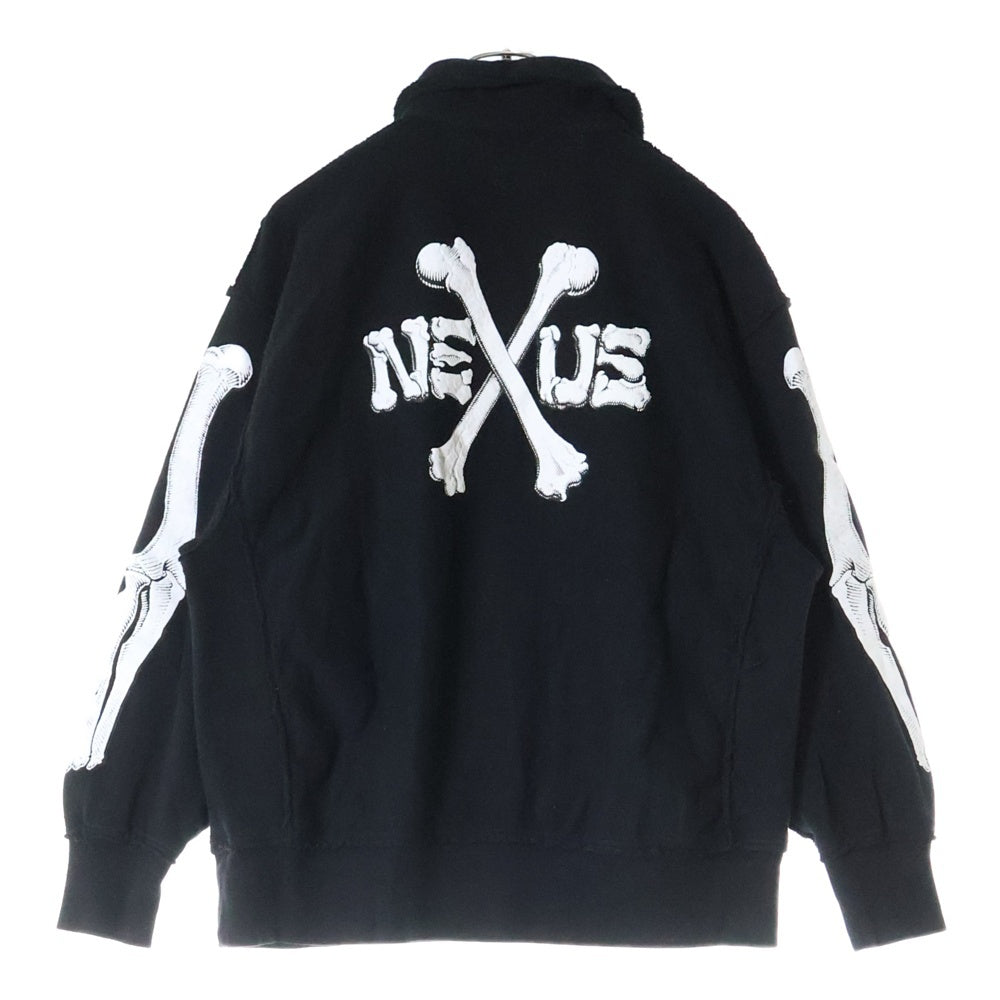 NEXUS7(ネクサスセブン) BONES SNAP PULLOVER 日本製 ボーンロゴ刺繍 襟付き スウェット トレーナー ブラック RTS-NNK-COB