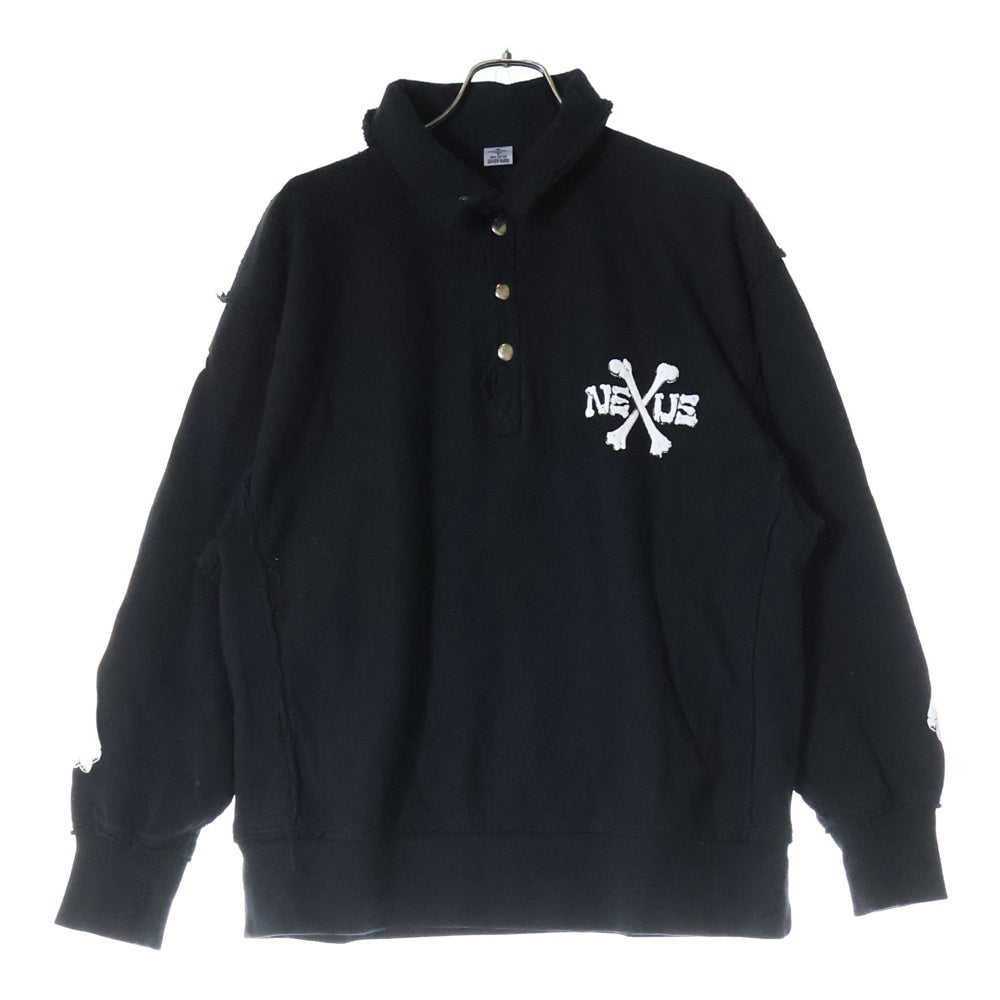 NEXUS7(ネクサスセブン) BONES SNAP PULLOVER 日本製 ボーンロゴ刺繍 襟付き スウェット トレーナー ブラック RTS-NNK-COB