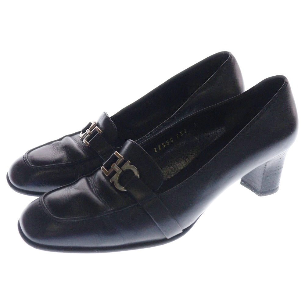 Salvatore Ferragamo(サルヴァトーレ フェラガモ) バックル スタックドヒール レザー ローファー レディース ブラック