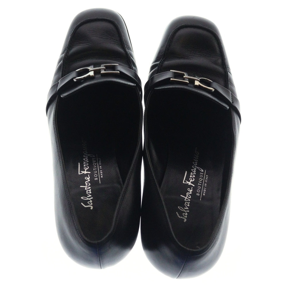 Salvatore Ferragamo(サルヴァトーレ フェラガモ) バックル スタックドヒール レザー ローファー レディース ブラック