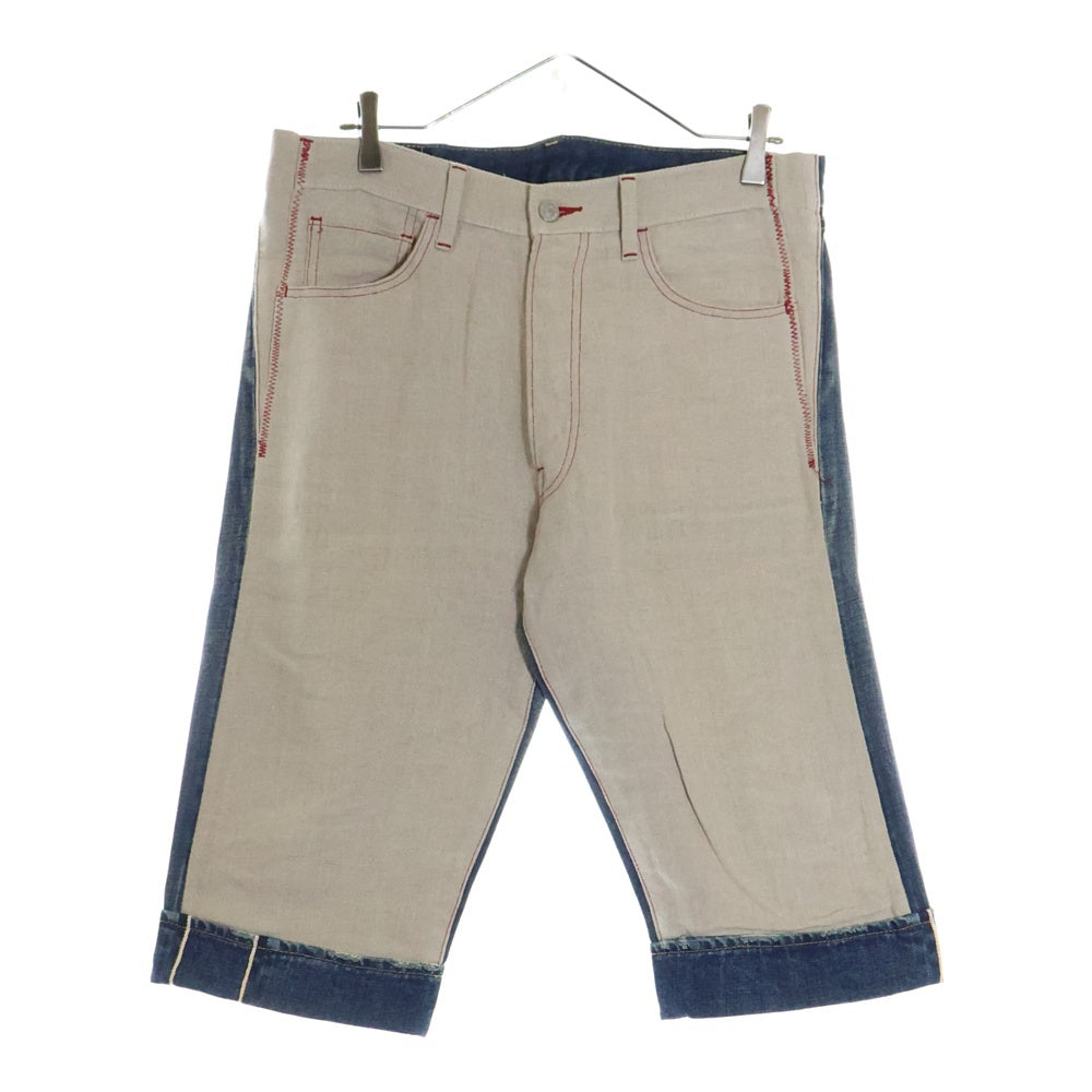 JUNYA WATANABE COMME des GARCONS(ジュンヤワタナベ コムデギャルソン) 08SS AD2007 ×LEVI'S リーバイス パッチワーク 革パッチ ボタンフライ ハーフデニムパンツ インディゴ/ベージュ WA-P203