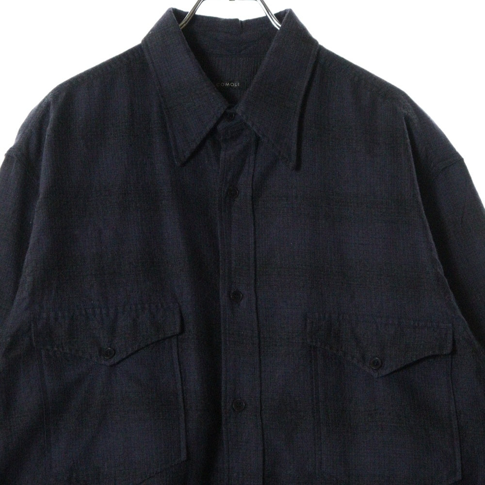 COMOLI(コモリ) 21AW ウールシルク チェック柄 長袖ワークシャツ ネイビー U03-02010