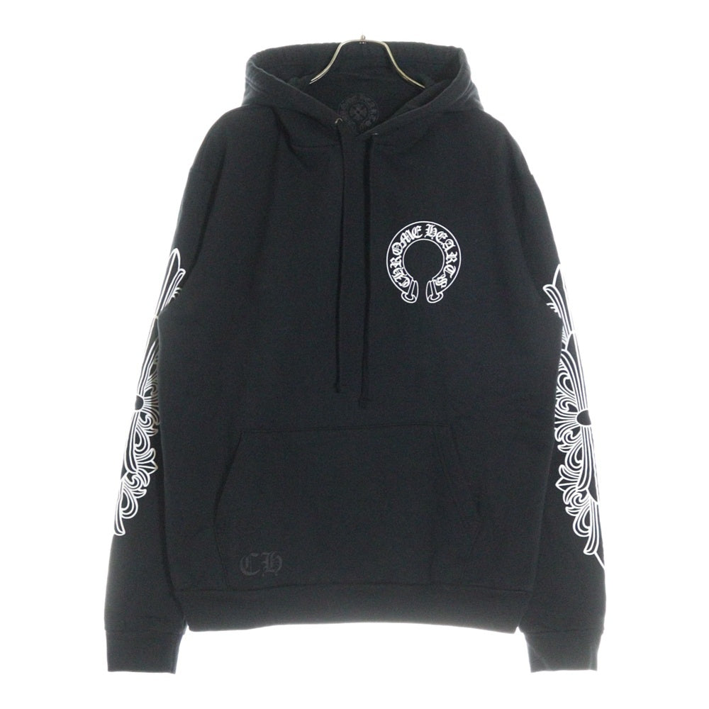 CHROME HEARTS(クロムハーツ) SWTSHRT PLVR プルオーバーパーカー 袖フローラル バックホースシュープリント スウェットプルオーバーパーカー ブラック