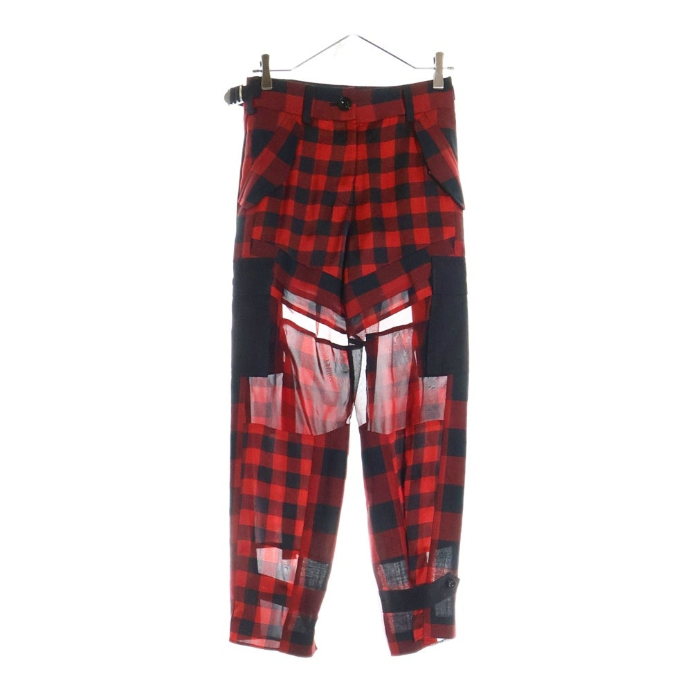 Sacai(サカイ) 22AW シアーレース 切り替え バッファローチェック ボンテージ カーゴパンツ レディース ブラック/レッド 22-05942