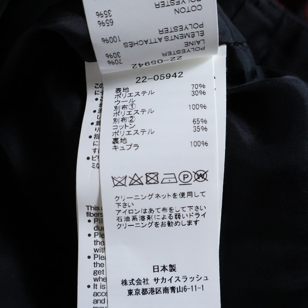Sacai(サカイ) 22AW シアーレース 切り替え バッファローチェック ボンテージ カーゴパンツ レディース ブラック/レッド 22-05942