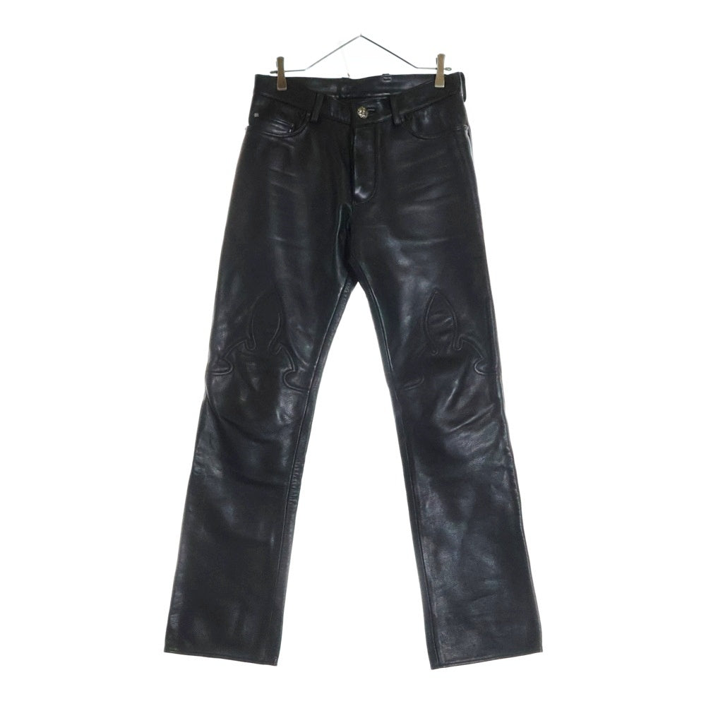 CHROME HEARTS(クロムハーツ) LTHR PANTS クロスボールボタン 5ポケット フレアニー ボタンフライ レザー ストレートパンツ ブラック