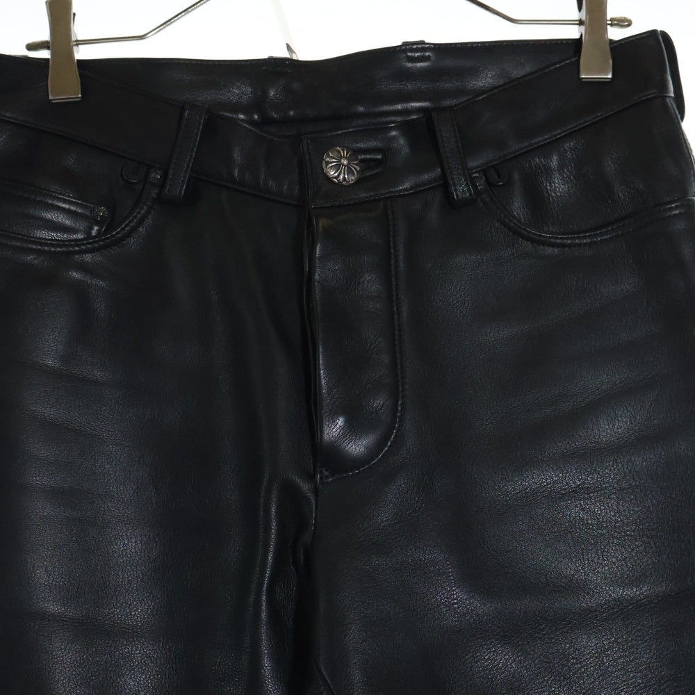 CHROME HEARTS(クロムハーツ) LTHR PANTS クロスボールボタン 5ポケット フレアニー ボタンフライ レザー ストレートパンツ ブラック