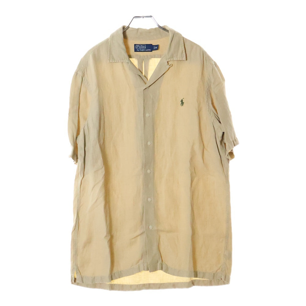 POLO RALPH LAUREN(ポロラルフローレン) 90S VINTAGE CLASSIC FIT OPEN COLLAR SHIRT ヴィンテージ クラッシック フィット オープンカラー リネン ロゴ エンブロイダリー 半袖シャツ ベージュ