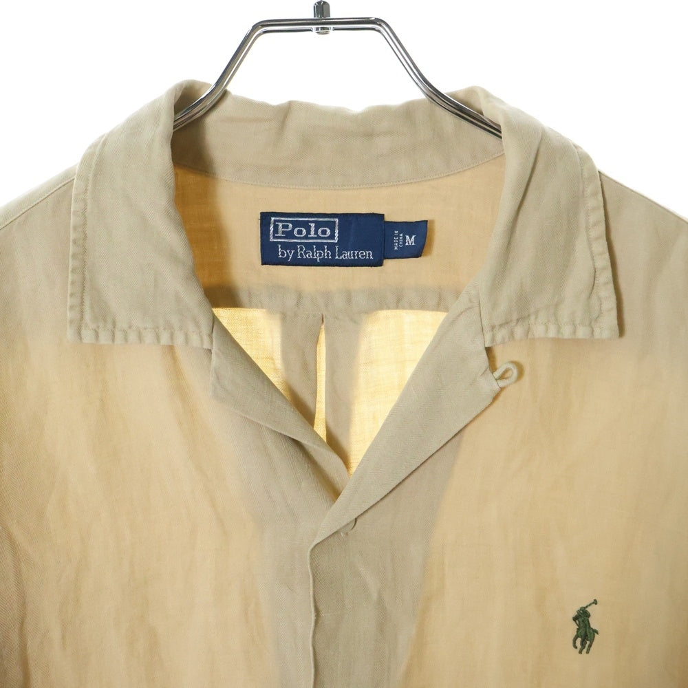 POLO RALPH LAUREN(ポロラルフローレン) 90S VINTAGE CLASSIC FIT OPEN COLLAR SHIRT ヴィンテージ クラッシック フィット オープンカラー リネン ロゴ エンブロイダリー 半袖シャツ ベージュ
