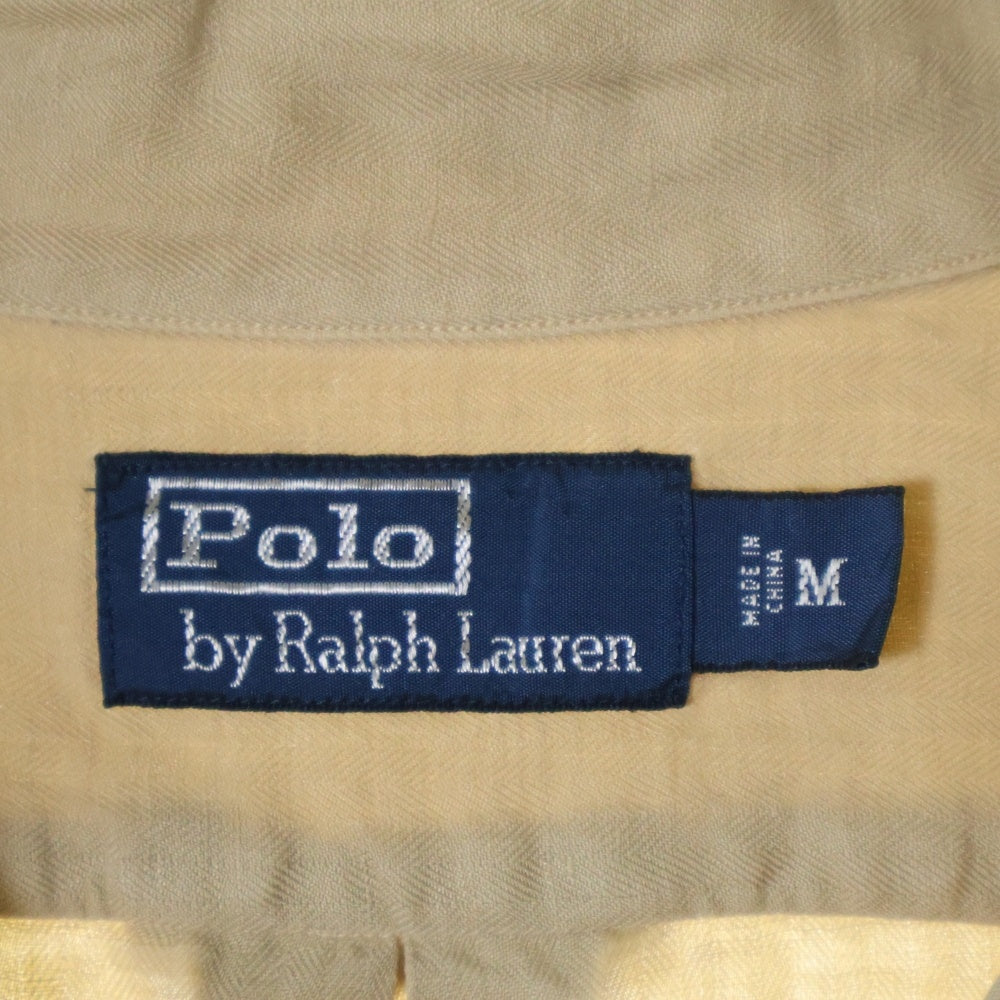 POLO RALPH LAUREN(ポロラルフローレン) 90S VINTAGE CLASSIC FIT OPEN COLLAR SHIRT ヴィンテージ クラッシック フィット オープンカラー リネン ロゴ エンブロイダリー 半袖シャツ ベージュ