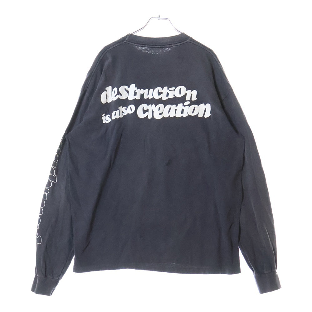 READY MADE(レディメイド) 24SS LS T DESTRUCTION デストラクション 両面プリント ダメージ加工 クルーネック カットソー 長袖Tシャツ ブラック RE-CO-BK-00-00-283