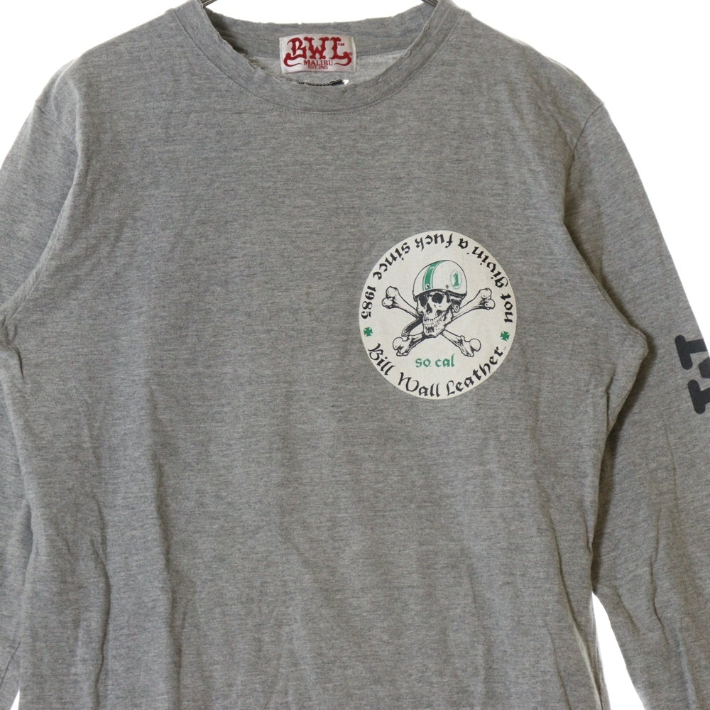 Bill Wall Leather/BWL(ビルウォールレザー) スカルプリント ダメージ加工 チャーム付き クルーネック長袖Tシャツ カットソー グレー MTS0605AW