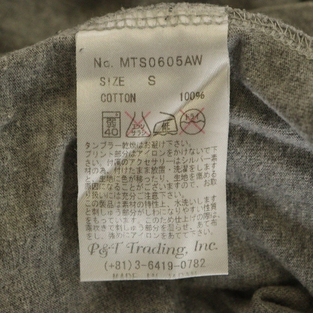 Bill Wall Leather/BWL(ビルウォールレザー) スカルプリント ダメージ加工 チャーム付き クルーネック長袖Tシャツ カットソー グレー MTS0605AW