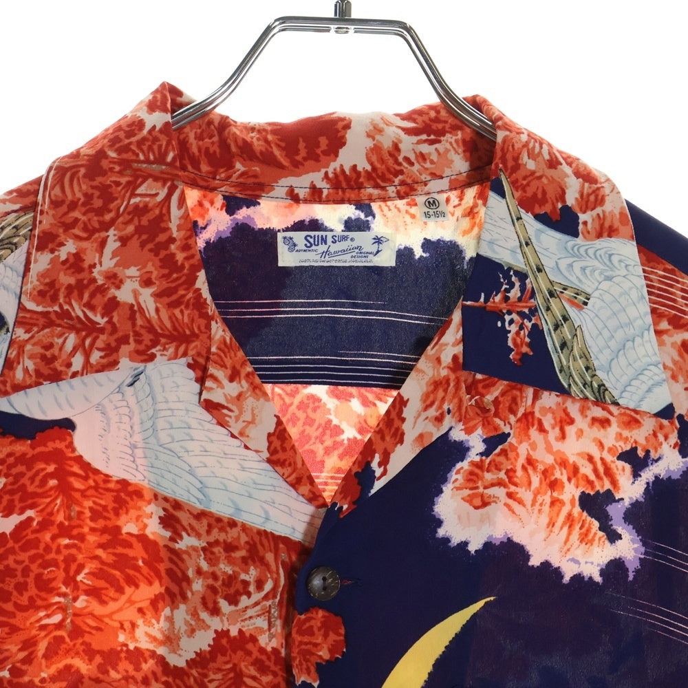 SUN SURF(サンサーフ) FALCON & ALOHA MOON RAYON ALOHA SHIRT ファルコン&アロハムーン 総柄プリント 半袖レーヨンアロハ オープンカラーシャツ ネイビー/レッド S33330