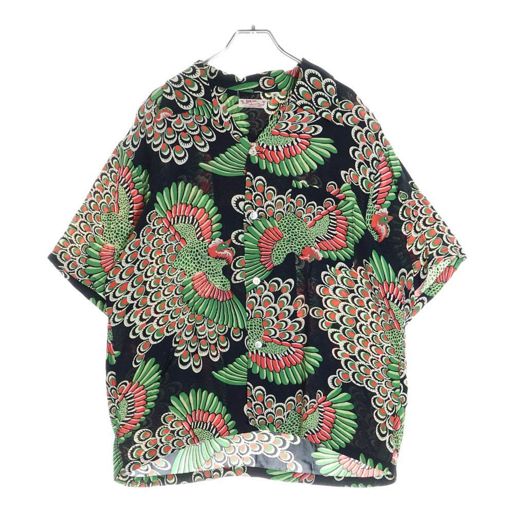 SUN SURF(サンサーフ) PEACOCK RAYON ALOHA SHIRT 孔雀柄プリント 半袖レーヨン アロハ オープンカラーシャツ ブラック/グリーン SS39428