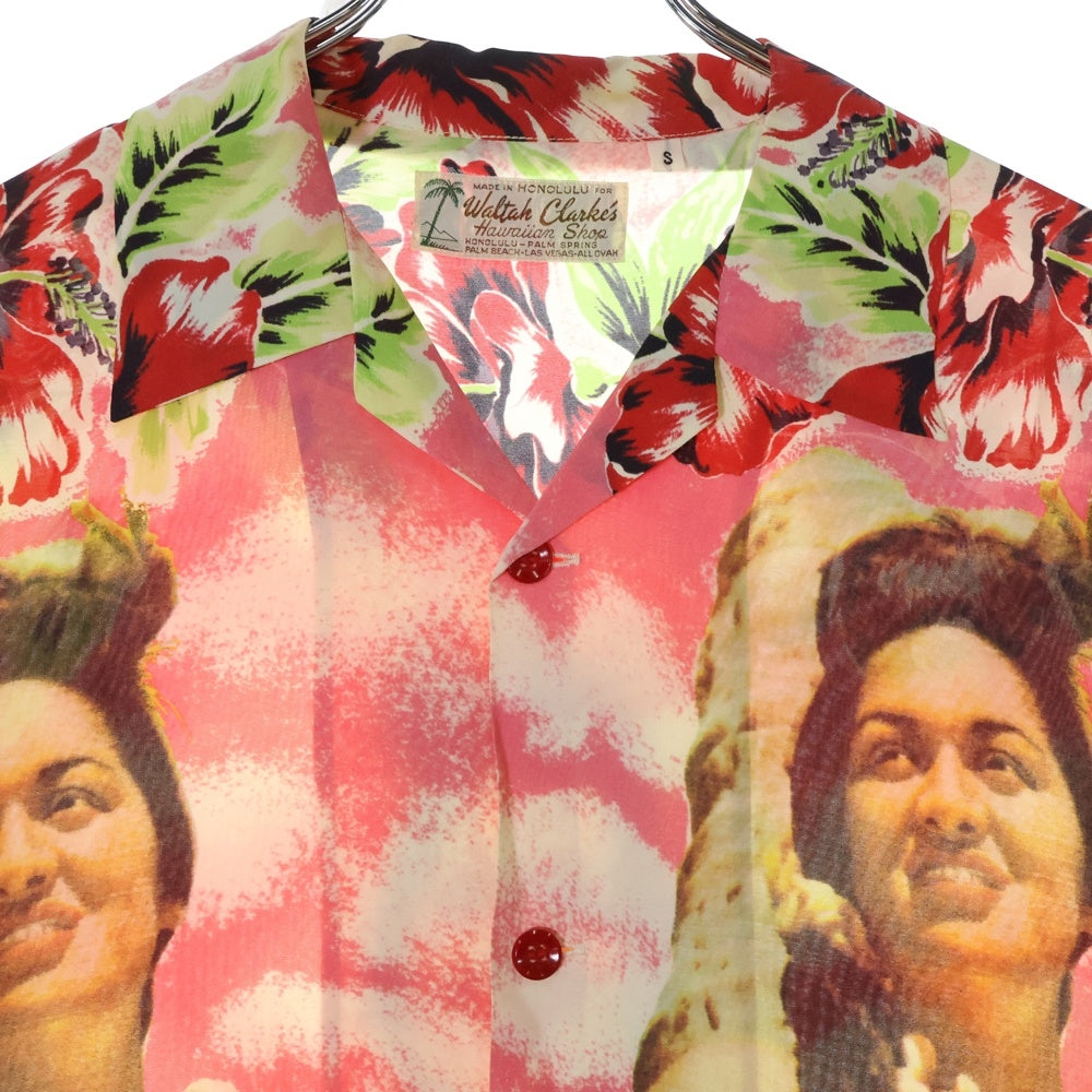 SUN SURF(サンサーフ) PHOTO HULA MODEL RAYON ALOHA SHIRT フォトフラモデル 総柄プリント 半袖レーヨン アロハ オープンカラーシャツ ピンク SS34660