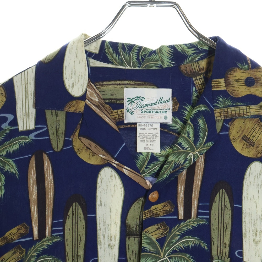 VINTAGE(ヴィンテージ) 90S VINTAGE DIAMOND HEAD RAYON ALOHA SHIRT ヴィンテージ ダイアモンドヘッド 総柄プリント ハワイ製 半袖レーヨン アロハ オープンカラーシャツ ネイビー