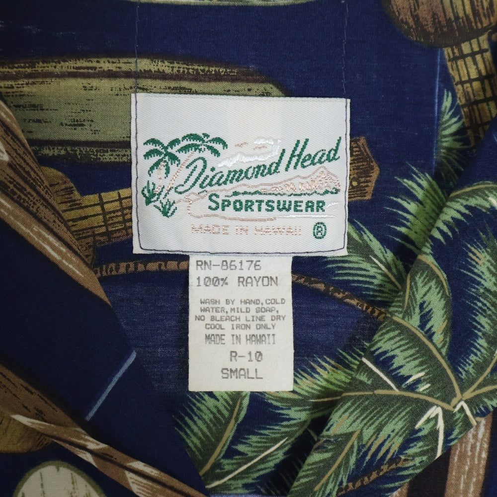 VINTAGE(ヴィンテージ) 90S VINTAGE DIAMOND HEAD RAYON ALOHA SHIRT ヴィンテージ ダイアモンドヘッド 総柄プリント ハワイ製 半袖レーヨン アロハ オープンカラーシャツ ネイビー