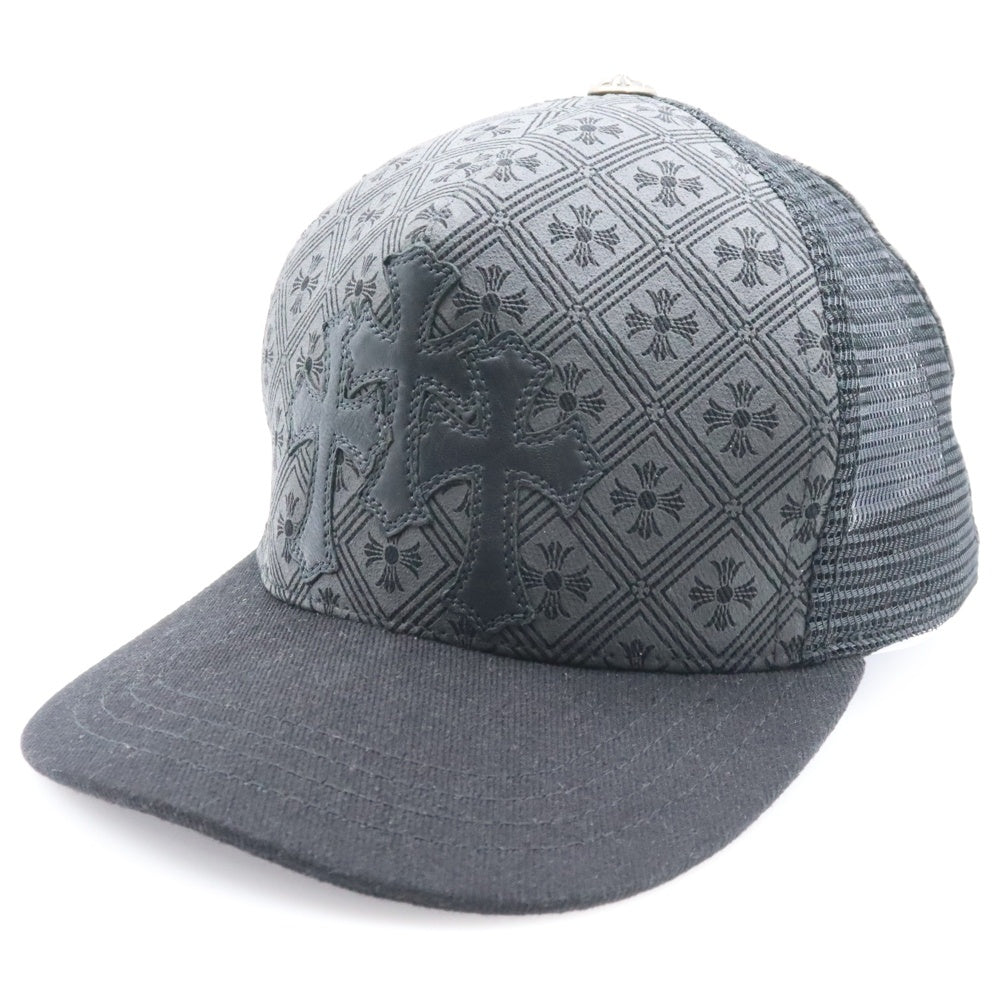 CHROME HEARTS(クロムハーツ) TRUCKER CAP レザークロスパッチ 総柄プリント クロスボール メッシュ トラッカーキャップ 帽子 ブラック