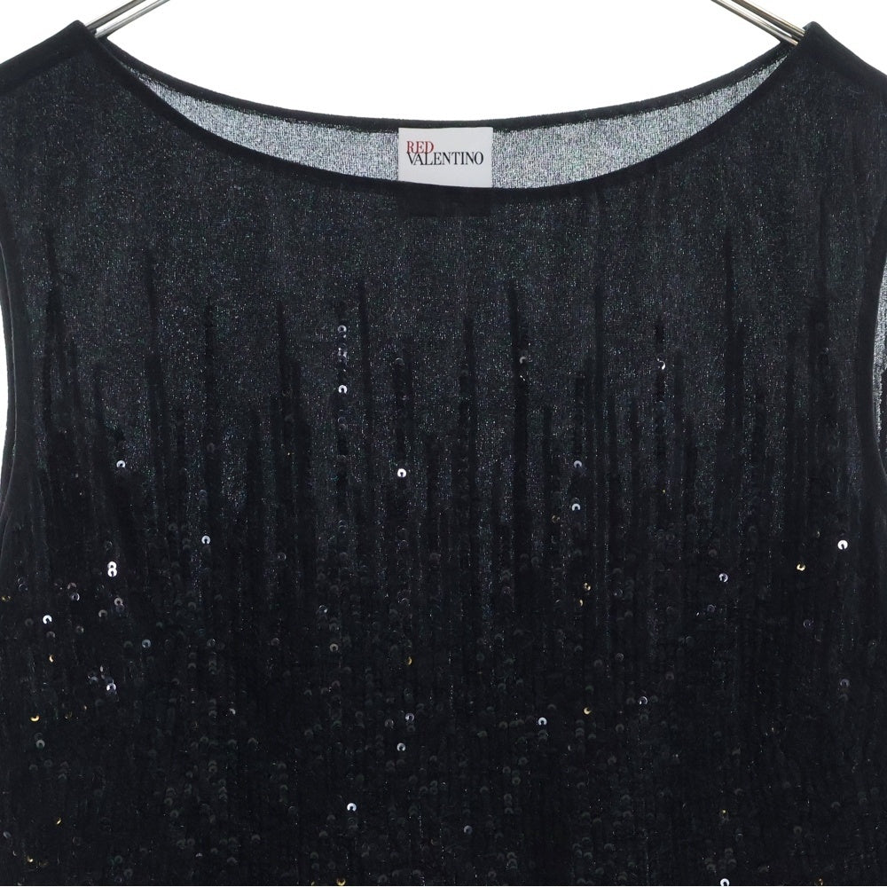 RED VALENTINO(レッド ヴァレンティノ) スパンコール エンブロイダリー ギャザー チュール ノースリーブ ドレス ワンピース レディース ブラック