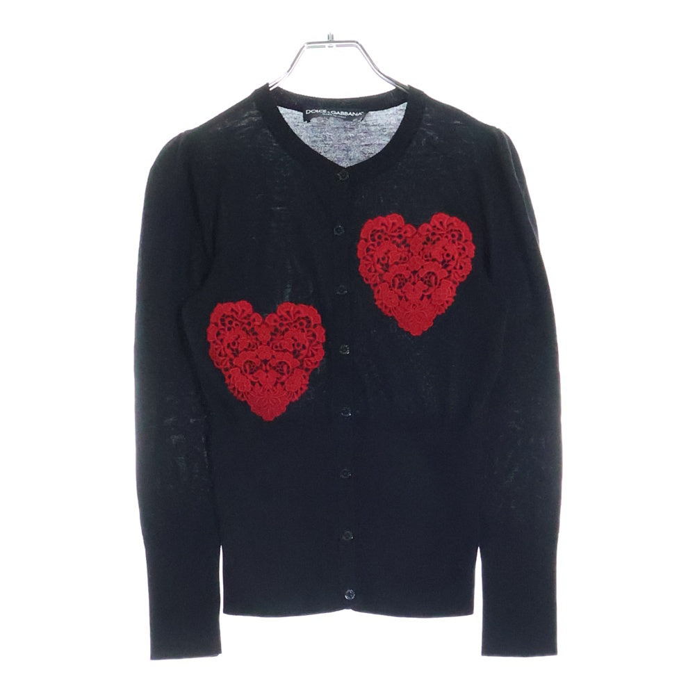 DOLCE & GABBANA(ドルチェアンドガッバーナ) ハート エンブロイダリー クルーネック リブニット カーディガン レディース ブラック/レッド FLC08K