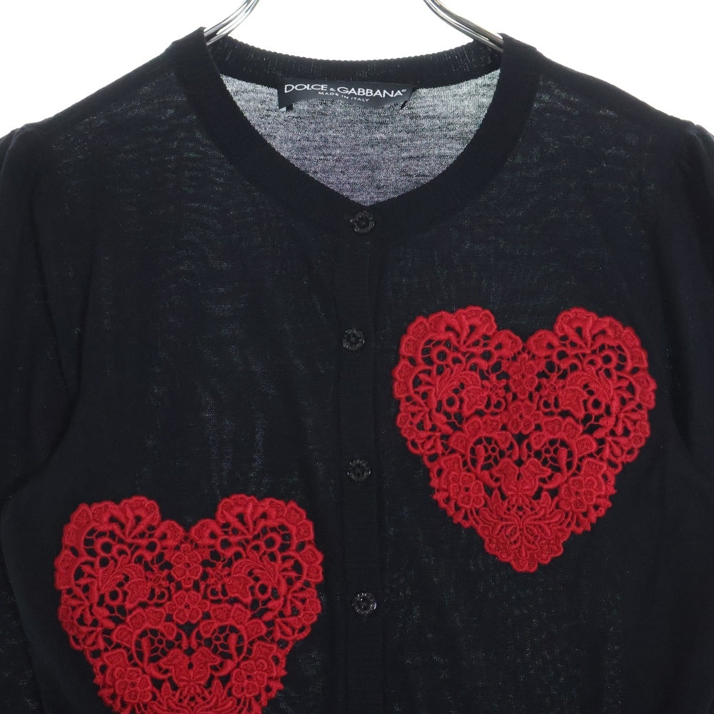 DOLCE & GABBANA(ドルチェアンドガッバーナ) ハート エンブロイダリー クルーネック リブニット カーディガン レディース ブラック/レッド FLC08K