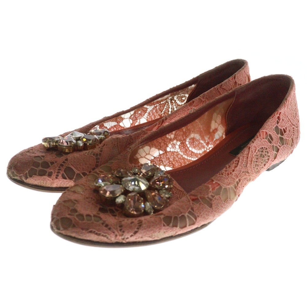DOLCE & GABBANA(ドルチェアンドガッバーナ) レース エンブロイダリー ビジュー フラット シューズ パンプス レディース ピンク
