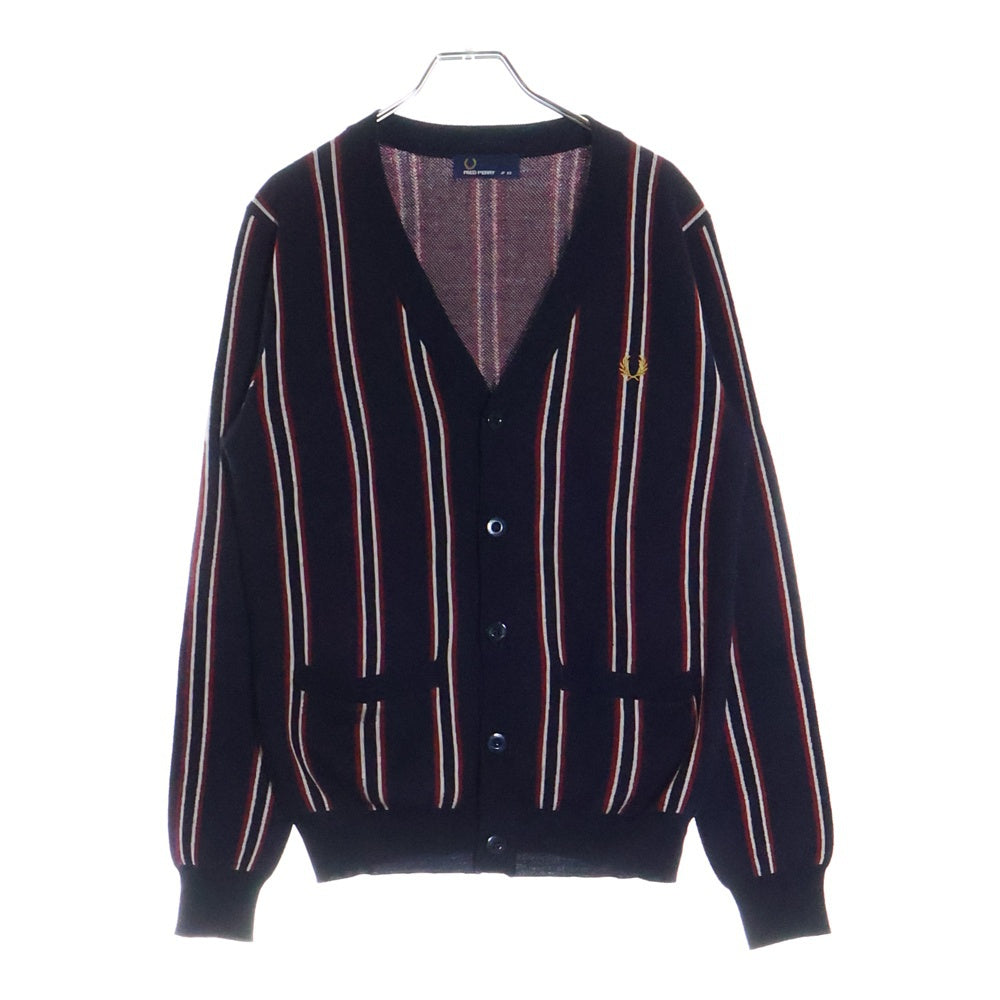 FRED PERRY(フレッドペリー) V Neck Jacquard Cardigan 刺繍 ロゴ Vネック ストライプ ジャガード ニット カーディガン ネイビー/レッド F3156