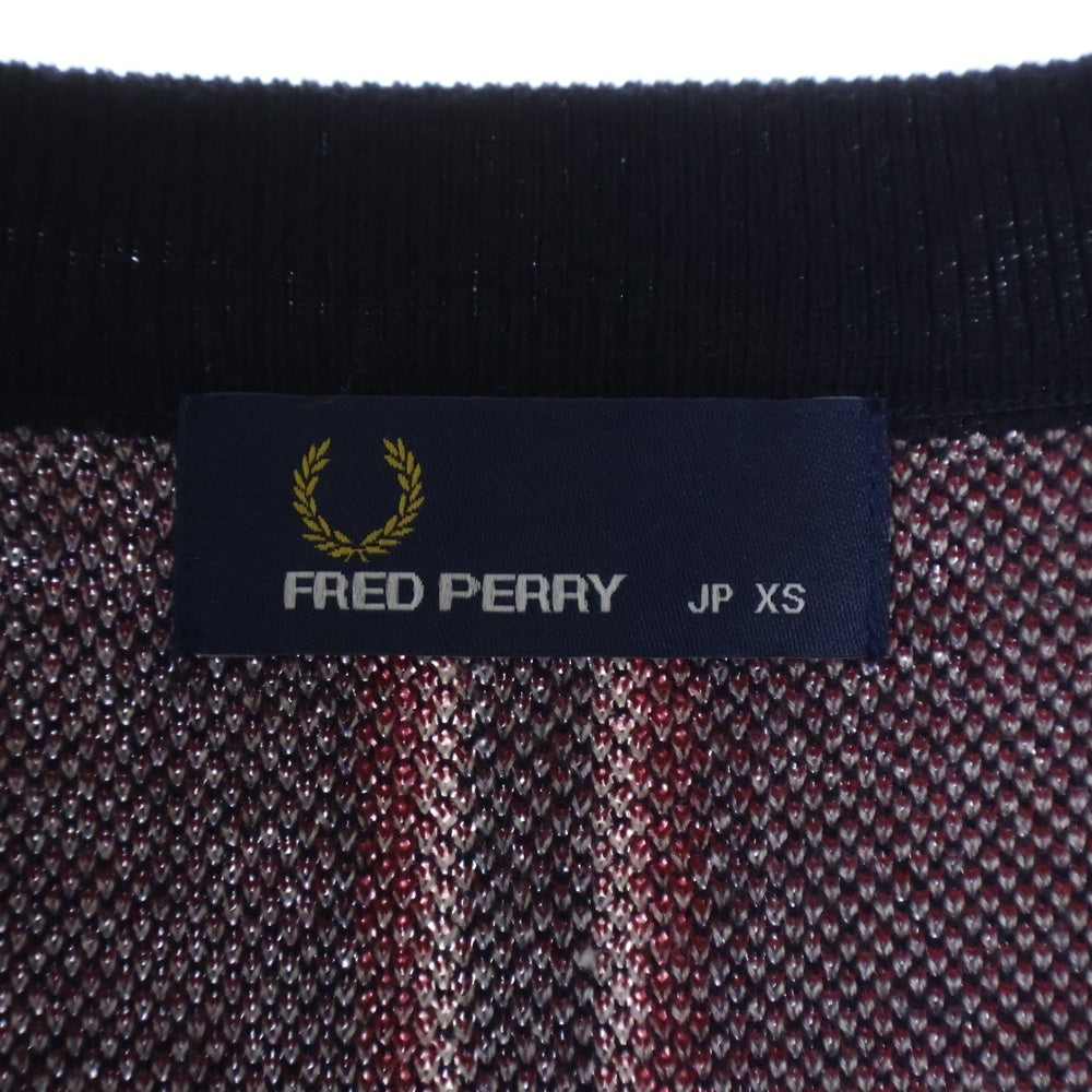 FRED PERRY(フレッドペリー) V Neck Jacquard Cardigan 刺繍 ロゴ Vネック ストライプ ジャガード ニット カーディガン ネイビー/レッド F3156