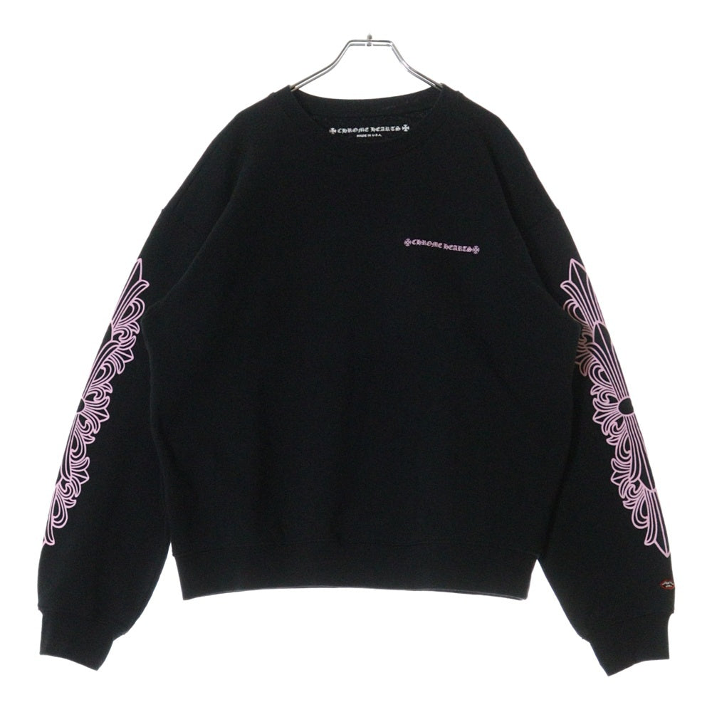 CHROME HEARTS(クロムハーツ) ×MATTY BOY マッティボーイ SWEAT SHIRT FLORAL CROSS 袖フローラル 両面ロゴプリント クルーネック スウェット トレーナー ブラック/ピンク