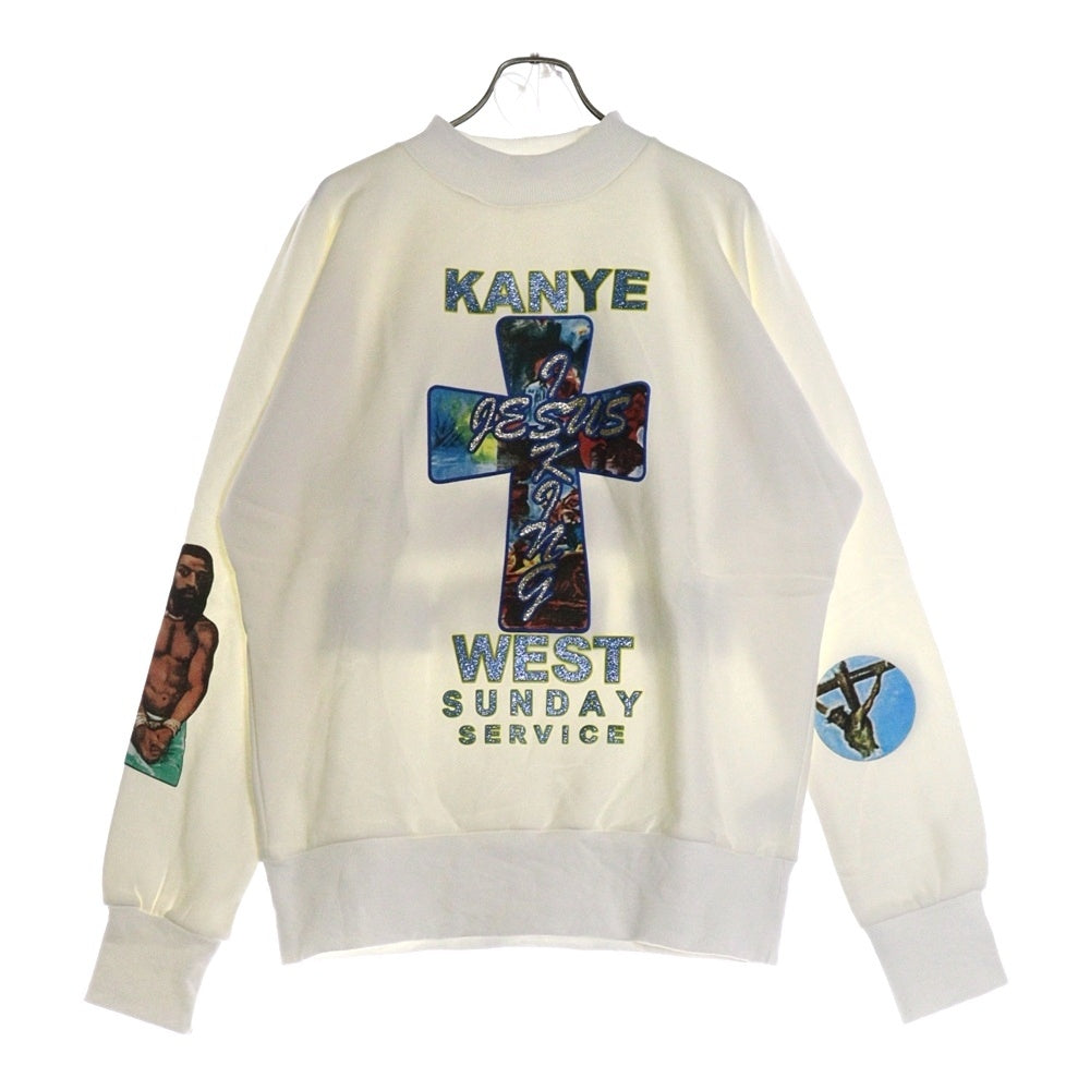 KANYE WEST(カニエウェスト) ×AWGE JIK CROSS SWEATSHIRT オーグ ジーザスイズキング クロス ラメ加工 両面プリント モックネック プルオーバースウェットトレーナー ホワイト