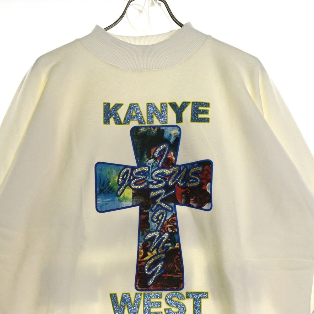 KANYE WEST(カニエウェスト) ×AWGE JIK CROSS SWEATSHIRT オーグ ジーザスイズキング クロス ラメ加工 両面プリント モックネック プルオーバースウェットトレーナー ホワイト