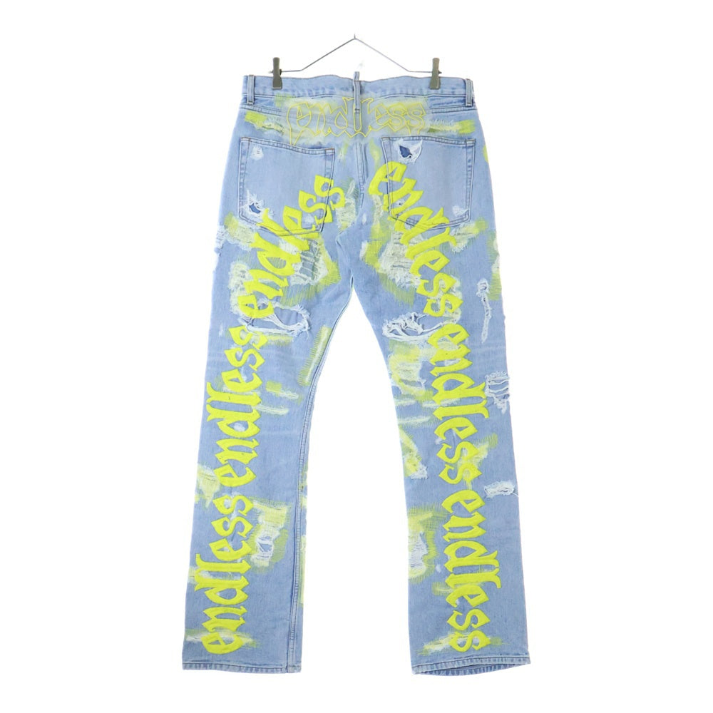 Endless Denim(エンドレス デニム) EMBROIDERIED AND DISTERESSED DENIM JEANS 刺繍 リペア加工 エンブロイダリーアンドディストレスドデニムジーンズ インディゴ/イエロー