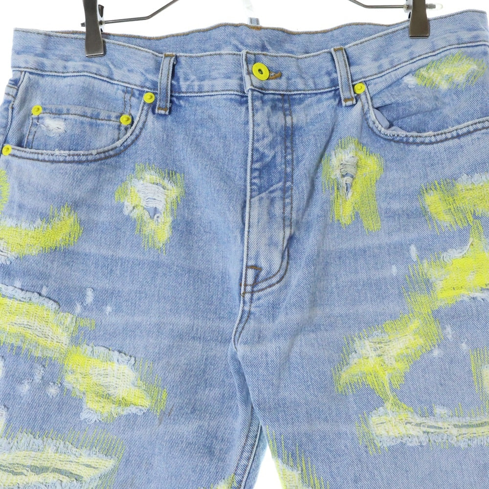 Endless Denim(エンドレス デニム) EMBROIDERIED AND DISTERESSED DENIM JEANS 刺繍 リペア加工 エンブロイダリーアンドディストレスドデニムジーンズ インディゴ/イエロー