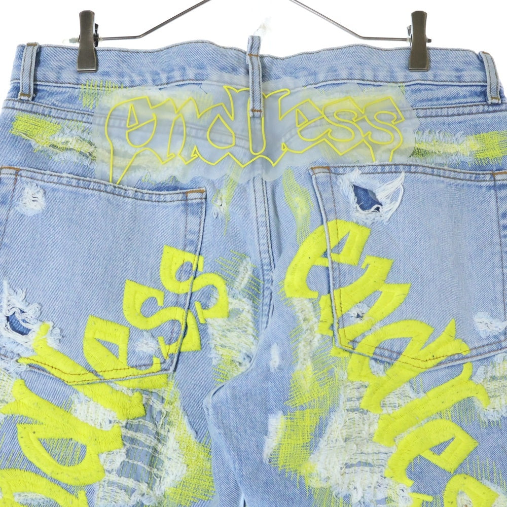 Endless Denim(エンドレス デニム) EMBROIDERIED AND DISTERESSED DENIM JEANS 刺繍 リペア加工 エンブロイダリーアンドディストレスドデニムジーンズ インディゴ/イエロー