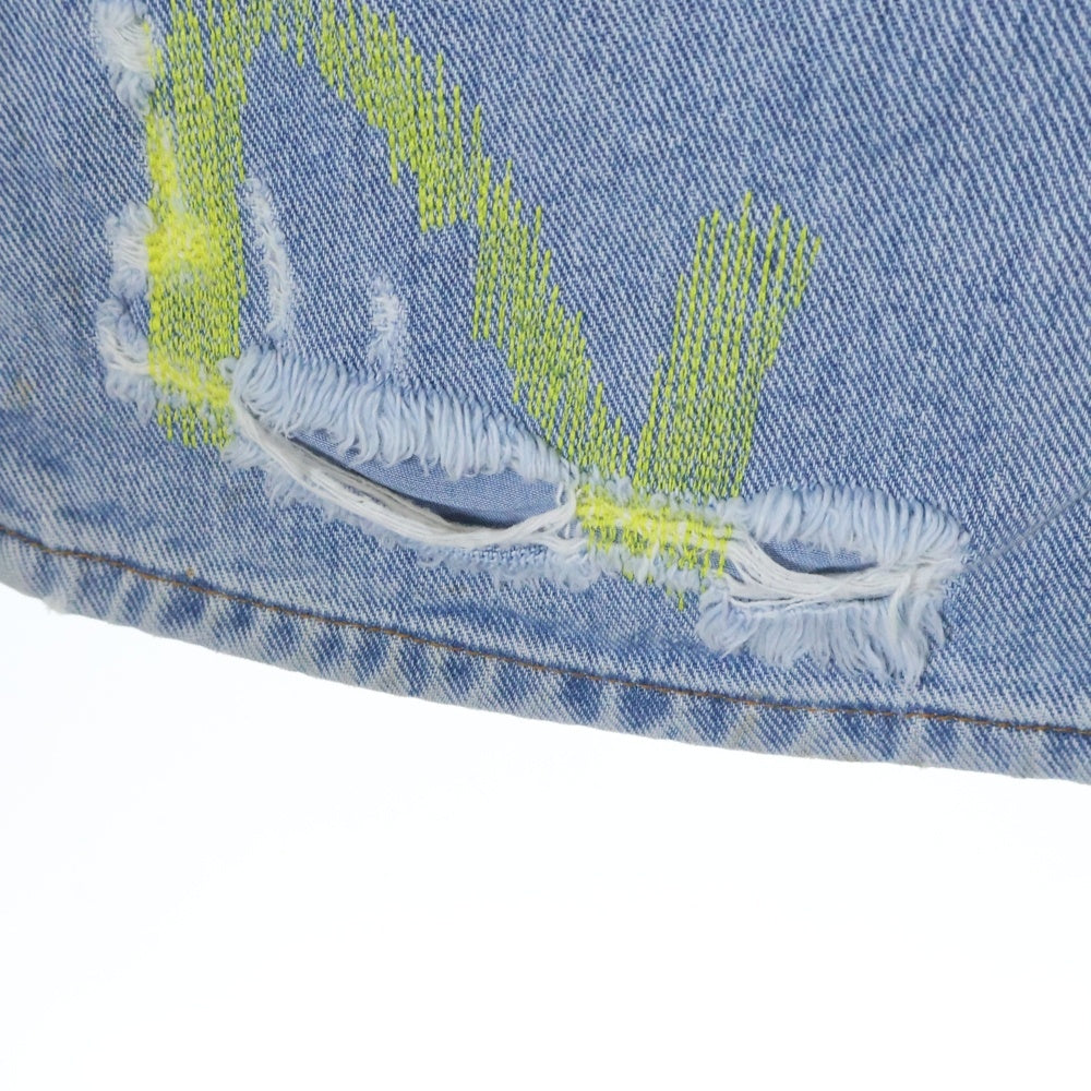 Endless Denim(エンドレス デニム) EMBROIDERIED AND DISTERESSED DENIM JEANS 刺繍 リペア加工 エンブロイダリーアンドディストレスドデニムジーンズ インディゴ/イエロー