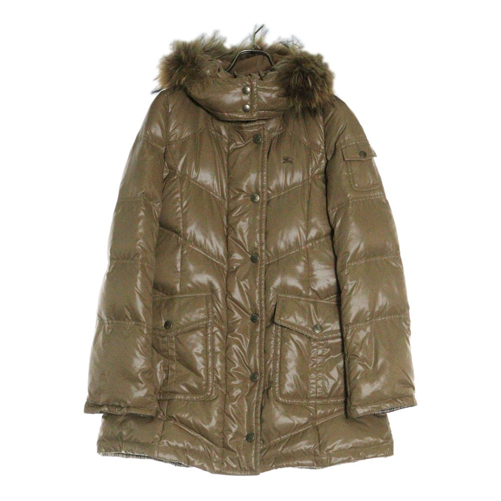 BURBERRY BLUE LABEL(バーバリーブルーレーベル) 裏地ノバチェック タヌキファー フーデッド ダウンコート ブラウン レディース FRF02-620-40