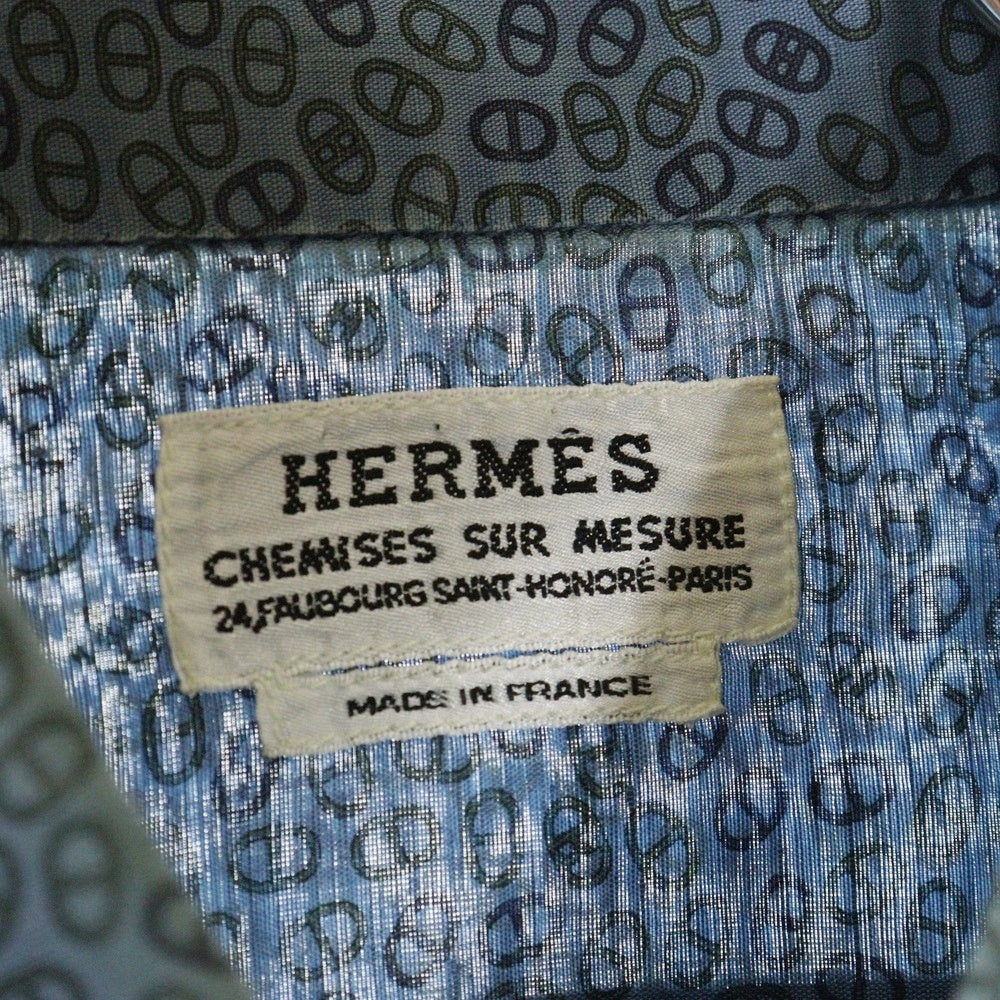 HERMES(エルメス) CHEMISES SUR MESURE フランス製 総柄 コットンリネン ボタンダウン 半袖シャツ ブルー