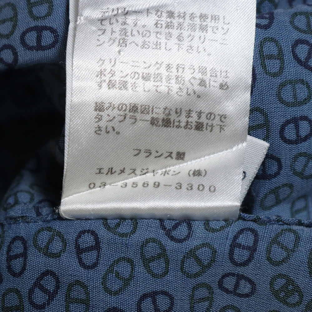 HERMES(エルメス) CHEMISES SUR MESURE フランス製 総柄 コットンリネン ボタンダウン 半袖シャツ ブルー