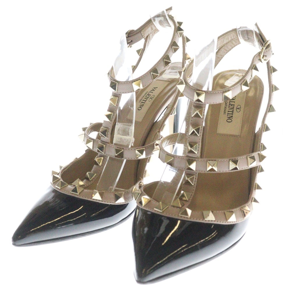 VALENTINO GARAVANI(ヴァレンチノガラヴァーニ) スタッズ ストラップ パテントレザー ヒールブーツ パンプス ブラック/ピンク レディース DZ3932