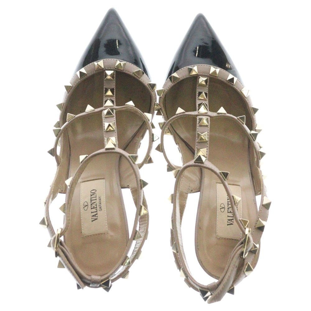 VALENTINO GARAVANI(ヴァレンチノガラヴァーニ) スタッズ ストラップ パテントレザー ヒールブーツ パンプス ブラック/ピンク レディース DZ3932